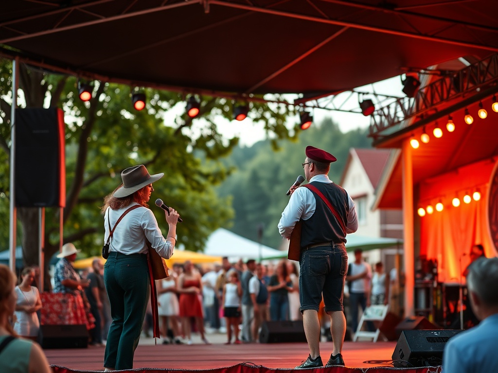 Kolorowy jarmark podczas majówki w Przeworsku, z ludźmi spacerującymi wśród stoisk z rękodziełem.