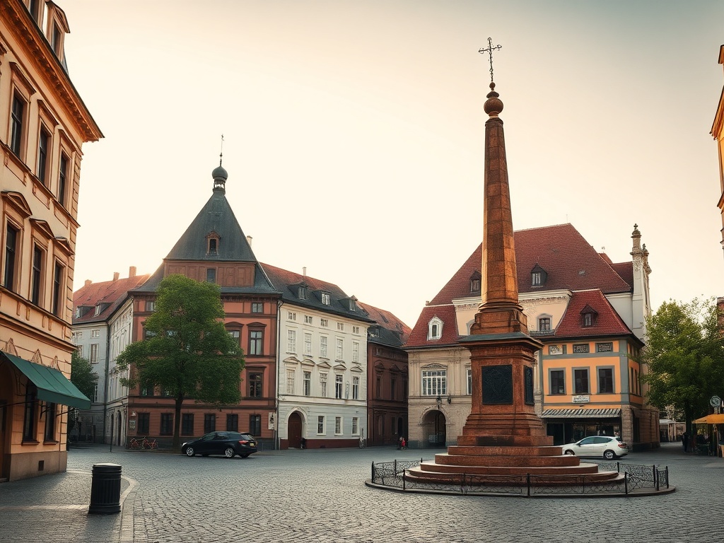 Widok na rynek w Przeworsku z zabytkowymi kamienicami.
